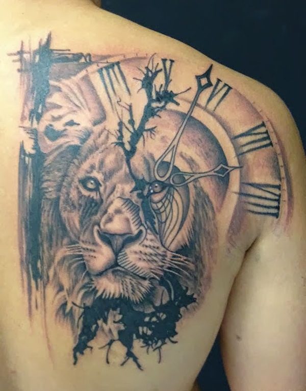 Lion With Clock Shoulder Tattoo