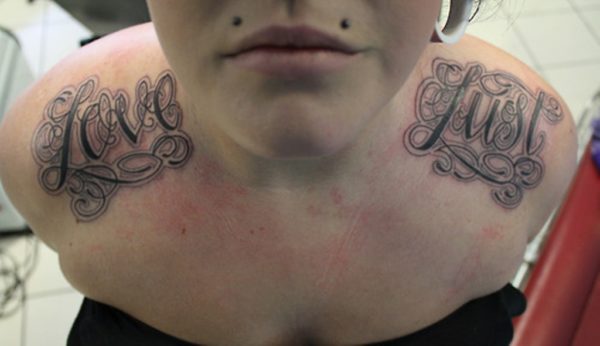 Love And Lust Lettering Tattoo On Shoulder