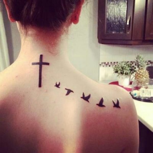 Lovely Birds And Cross Tattoo