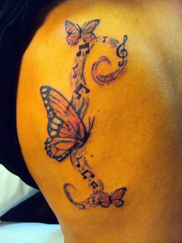 Lovely Butterfly With Music Tattoo