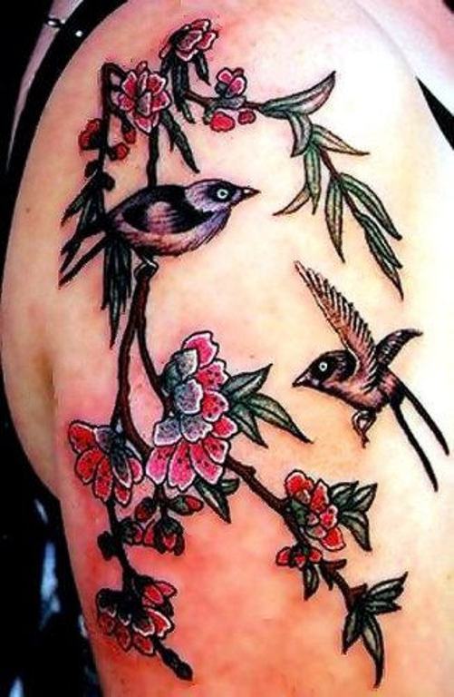 Lovely Cherry Blossom Flower And Bird Tattoo