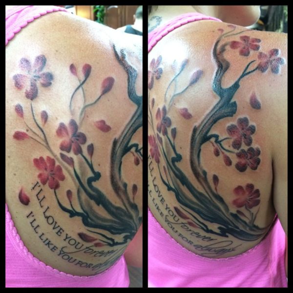 Lovely Cherry Blossom Flower Tattoo On Shoulder Back