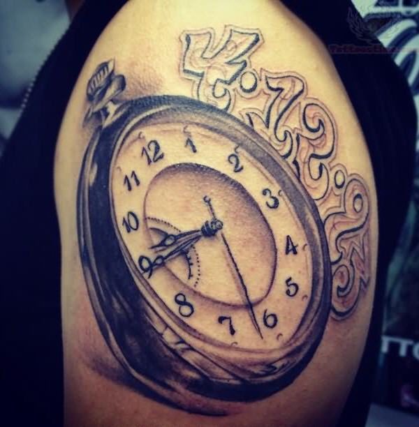 Lovely Musical Clock Shoulder Tattoo
