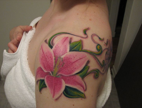 Lovely Pink Lily Flower Tattoo