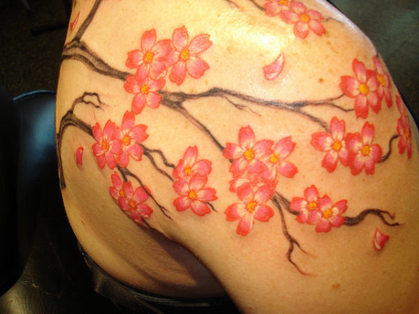 Lovely Red Color Cherry Blossom Tattoo Design