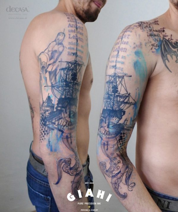 Lovely Ship And Kraken Tattoo