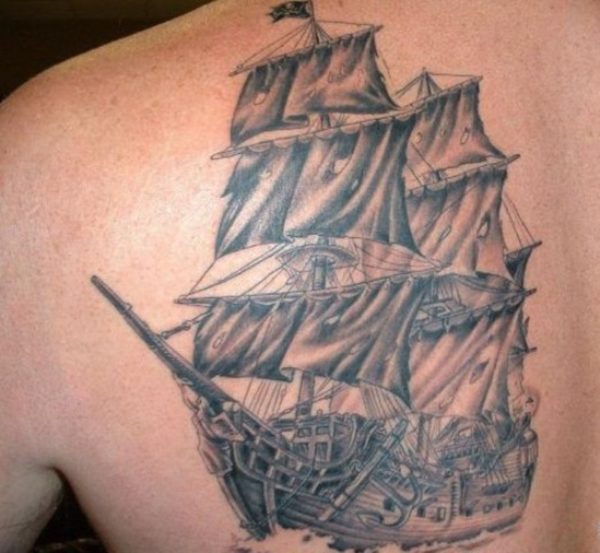 Lovely Viking Ship Tattoo On Shoulder Back