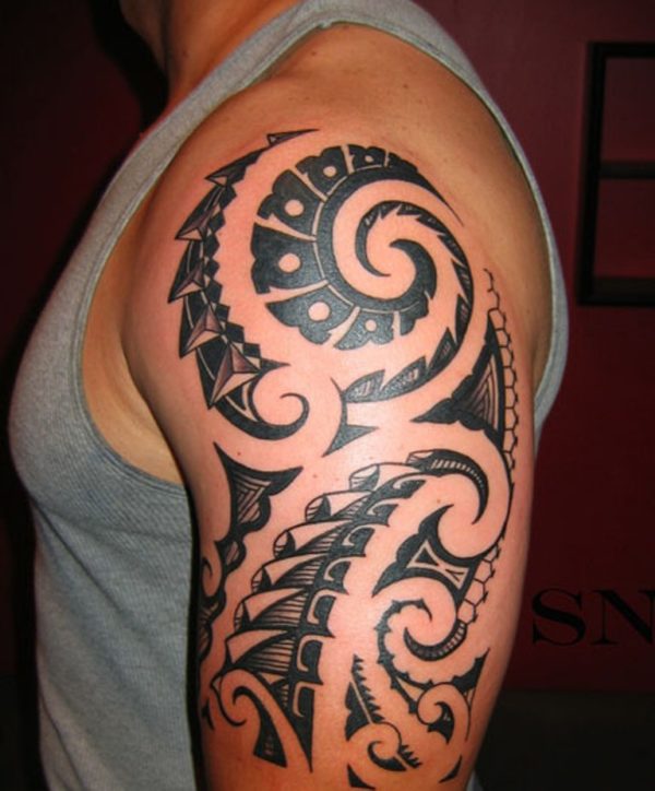Maori Black Tattoo On Left Shoulder