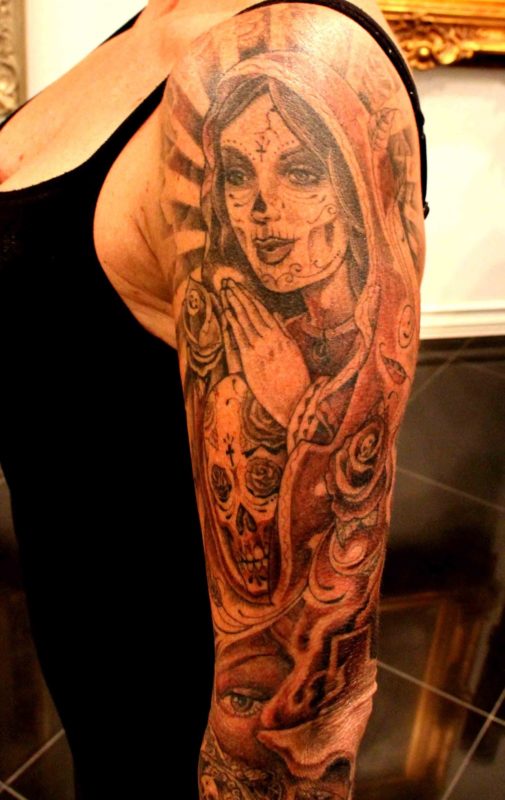 Mary And Skull Shoulder Tattoo