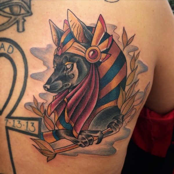 Memorial Anubis Egyptian Tattoo On Back Shoulder