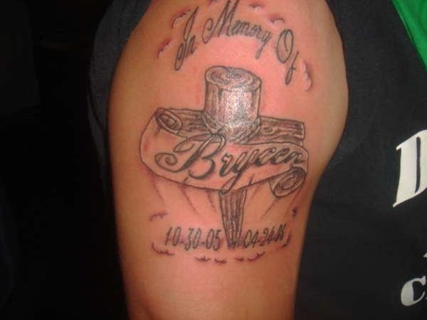 Memorial Cross Shoulder Tattoo