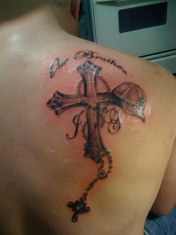 Memorial Cross Tattoo On Right Shoulder