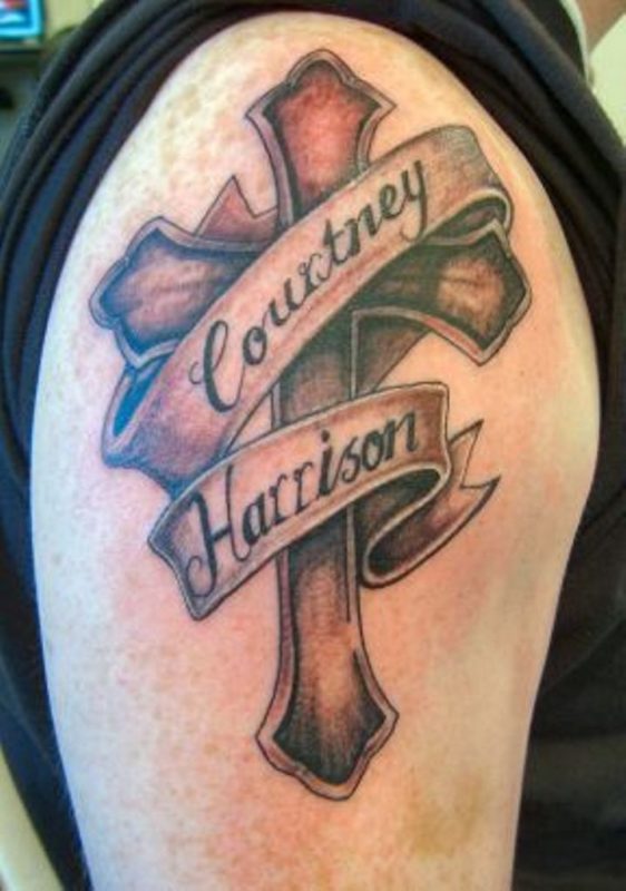 Memorial Cross Tattoo On Shoulder