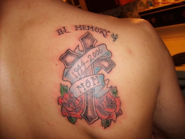 Memorial Cross Tattoo With Banner And Roses