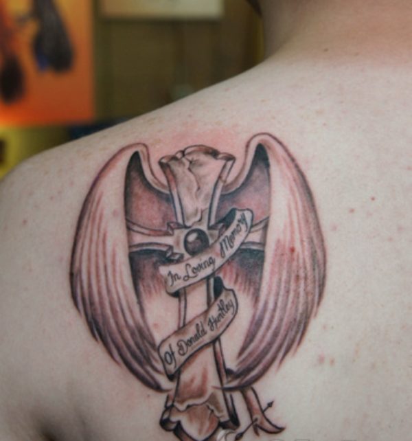 Memorial Cross With Wings Tattoo