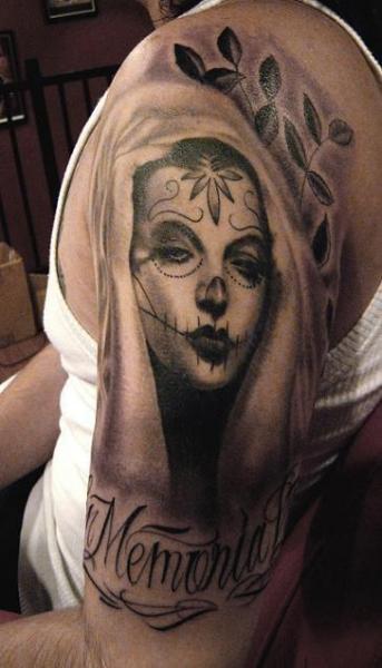 Mexican Lady Skull Tattoo On Left Shoulder