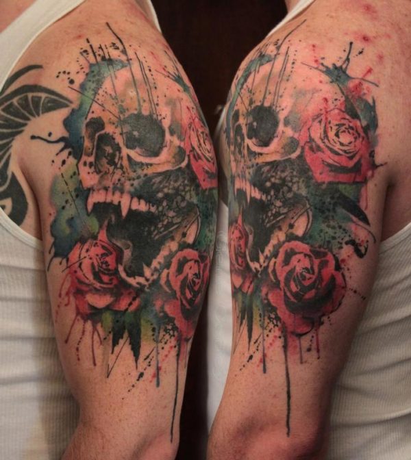 Multicolor Skull Shoulder Tattoo