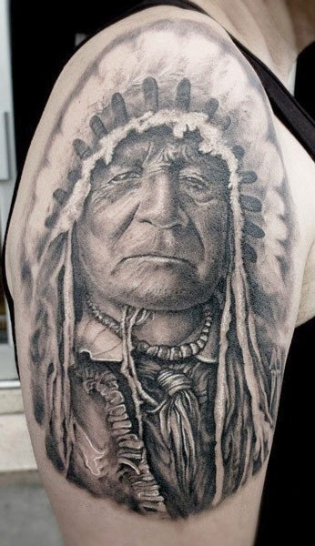 Native American Man Tattoo On Right Shoulder