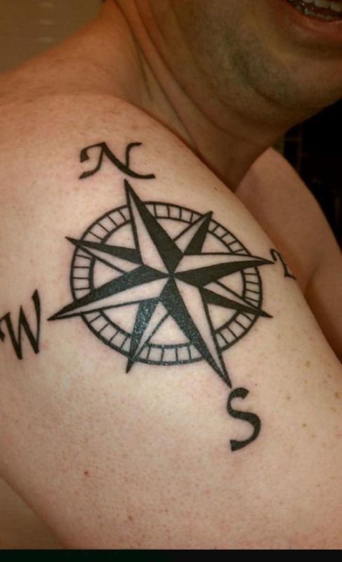 Nautical Compass Tattoo On Right Shoulder