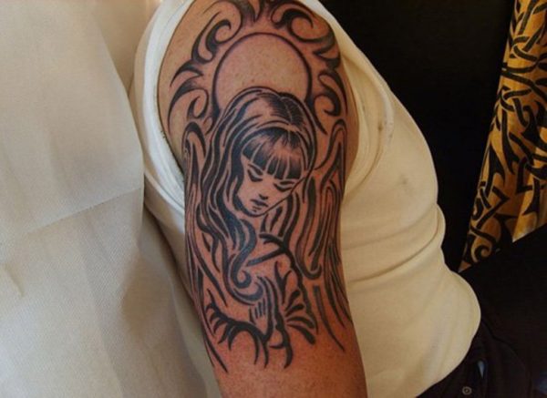 Nice Black Maori Tattoo On Shoulder Black