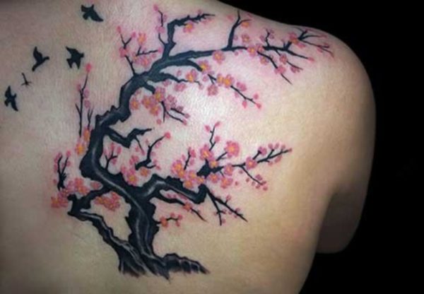 Nice Colored Cherry Blossom Tree Tattoo Design