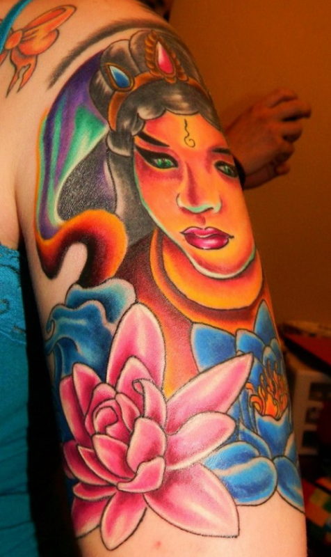 Nice Colored Sleeve Shoulder Tattoo
