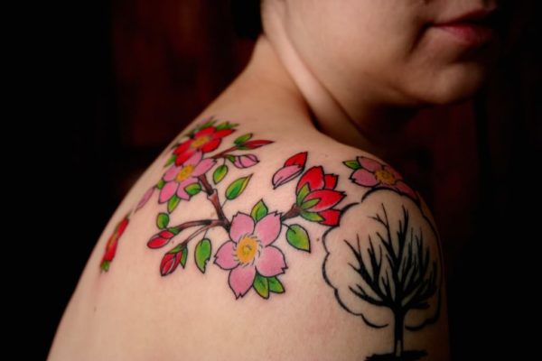 Nice Colorful Cherry Blossom Flower Tattoo