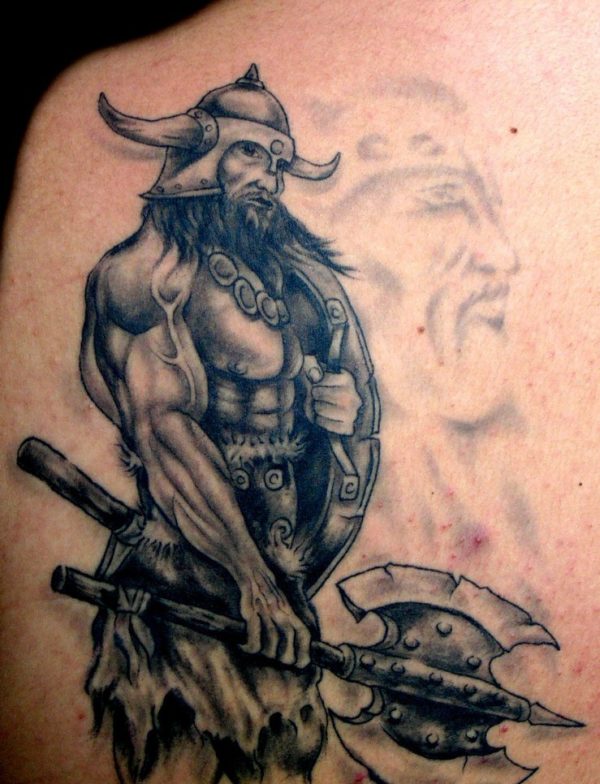 Nice Grey Viking Tattoo On Left Shoulder
