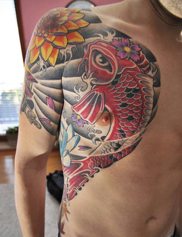 Nice Red Fish Shoulder Tattoo