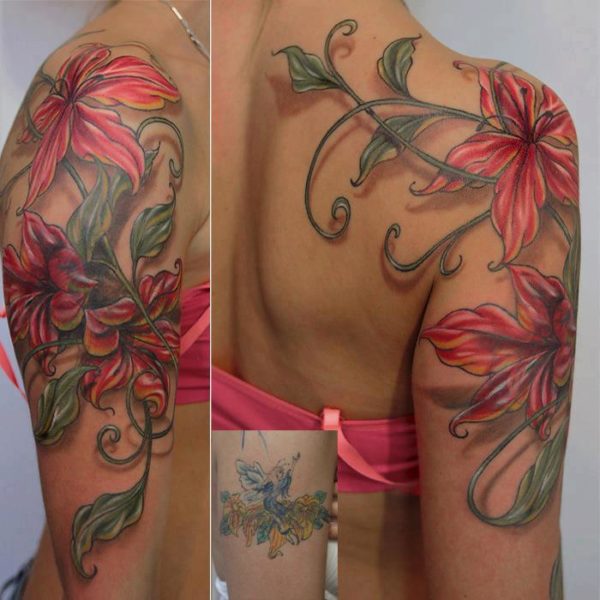 Nice Red Flower Vine Tattoo
