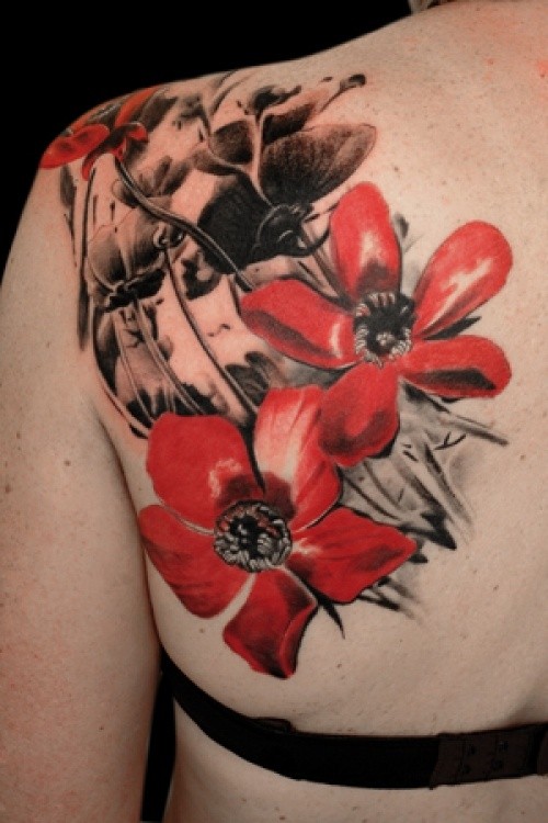 Nice Red Flowers Shoulder Tattoo