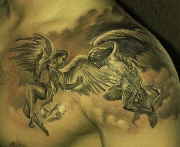 Nice Shoulder Tattoo Of Angel On Front Shoulder