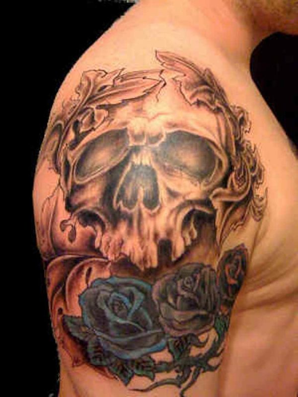 Nice Skull And Flowers Tattoo