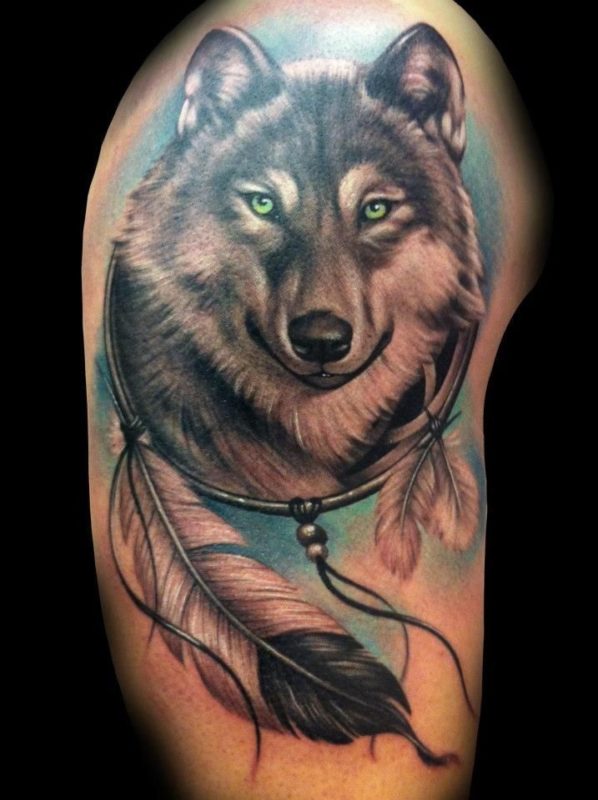 Nice Wolf Dream Catcher Tattoo