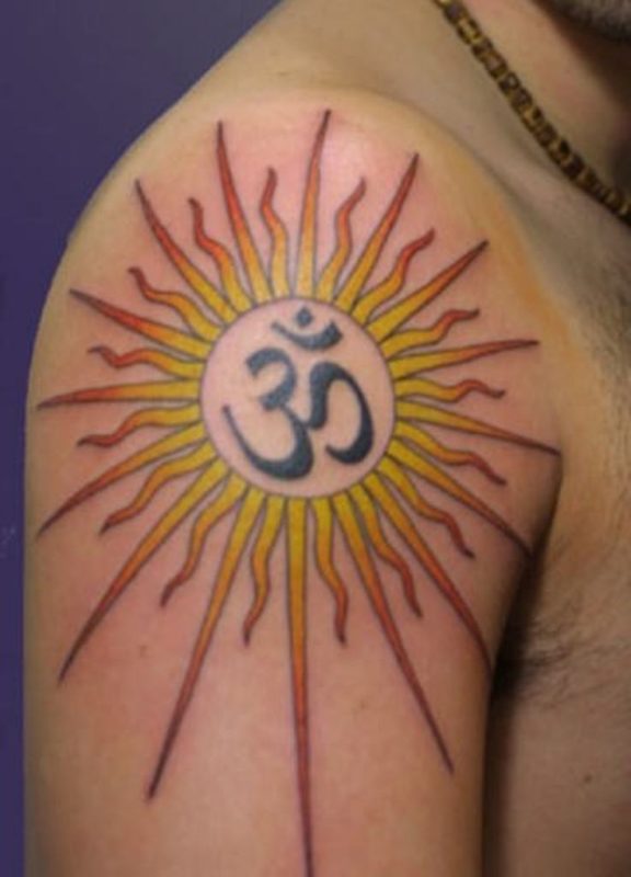 Om And Sun Tattoo On Shoulder