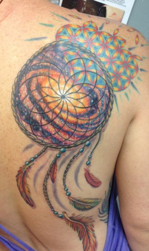 Orange And Red Dream Catcher Tattoo