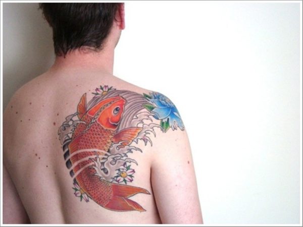 Orange Fish Tattoo On Shoulder Back