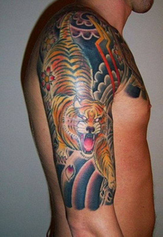 Outstanding Tiger Tattoo On Right Shoulder