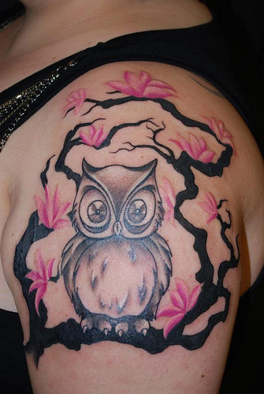 Owl And Cherry Blossom Tree Tattoo