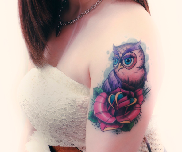 Owl And Rose Tattoo On Left Shoulder