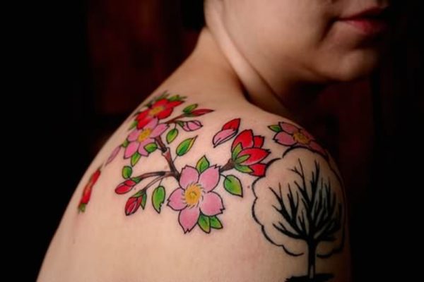 Pink And Rose Flower Tattoo On Shoulder