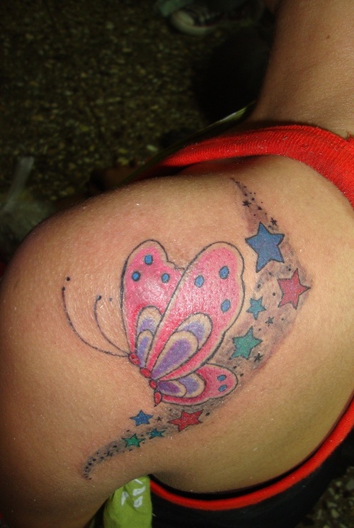 Pink Butterfly And Star Tattoo