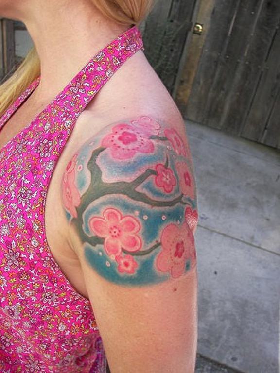 Pink Cherry Blossom Flowers On Left Shoulder