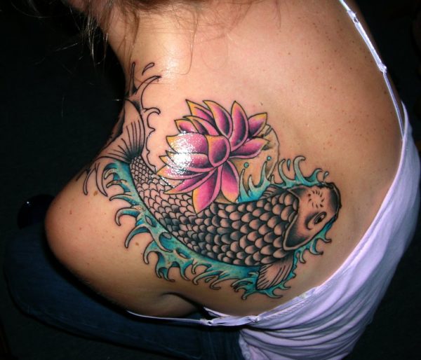 Pink Flower And Fish Tattoo