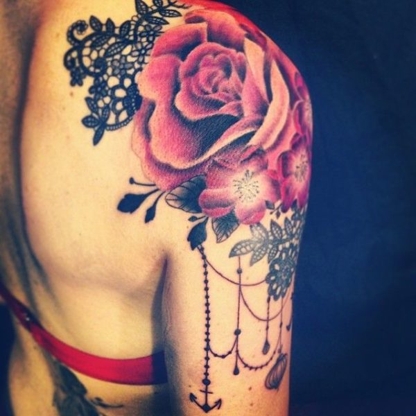 Pink Flower Shoulder Tattoo
