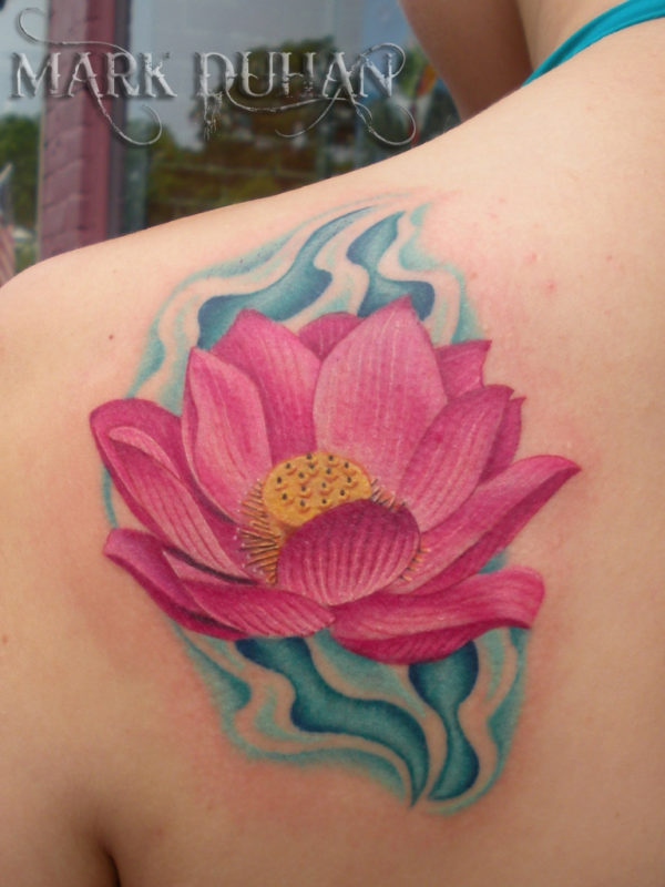 Pink Flower Tattoo On Back Shoulder