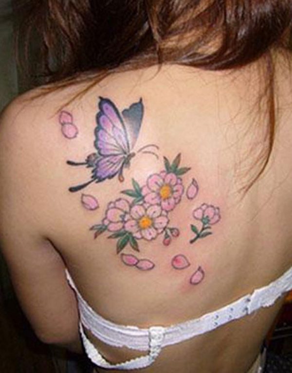 Pink Flowers Tattoo On Shoulder Back