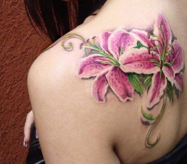 Pink Lily Flowers Tattoo For Women
