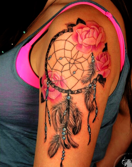 Pink Rose Flower Dream Catcher Tattoo