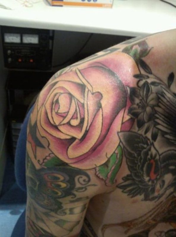 Pink Rose Tattoo On Shoulder